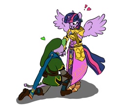 Size: 1057x970 | Tagged: safe, anonymous artist, derpibooru exclusive, imported from derpibooru, spike, twilight sparkle, alicorn, anthro, dragon, clothes, cosplay, costume, dress, expressions, female, hand kiss, hat, heart, husband and wife, link, linkspike, male, mare, older, older spike, princess zelda, romantic, shipping, straight, the legend of zelda, tunic, twilight sparkle (alicorn), twispike, twizelda