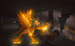 Size: 2800x1700 | Tagged: safe, artist:molars, imported from derpibooru, oc, oc:ember, earth pony, pegasus, pony, fallout equestria, angry, bipedal, chemicals, fight, fight scene, fire, glass, glowing, glowing eyes, gritted teeth, lab, laboratory, on fire, punch, raider, reflection, teeth, tied mane