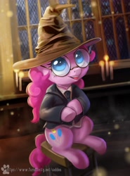 Size: 3023x4096 | Tagged: safe, artist:caddea, artist:caddeaartsfw, imported from derpibooru, pinkie pie, earth pony, pony, clothes, duo, glasses, harry potter (series), hat, round glasses, sorting hat