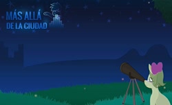 Size: 3056x1869 | Tagged: safe, artist:jamesmusic121, imported from derpibooru, oc, oc:agua melon, earth pony, album cover, bow, city, glasses, hair bow, hill, más allá de la ciudad, night, ponylatino, sky, stars, telescope