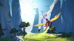 Size: 1920x1080 | Tagged: safe, artist:haku nichiya, imported from derpibooru, fluttershy, bird, pegasus, pony, crepuscular rays, female, flying, mare, mountain, outdoors, scenery, smiling, solo, spread wings, tree, wings