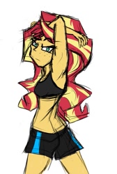 Size: 483x720 | Tagged: safe, artist:vitaltoast, imported from derpibooru, sunset shimmer, human, equestria girls, back, clothes, colored sketch, female, freckles, peppered bacon, shorts, simple background, sketch, sleeveless, solo, sports bra, stretching, white background