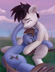 Size: 1418x1834 | Tagged: safe, artist:krista-21, imported from derpibooru, oc, earth pony, pony, cuddling, duo, eyes closed, hoof on cheek, lying down, oc x oc, shipping, smiling