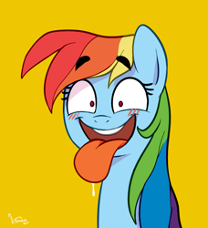 Size: 915x1002 | Tagged: safe, artist:littmosa, imported from derpibooru, rainbow dash, pegasus, pony, behaving like a dog, blushing, bust, cute, dashabetes, drool, drool string, eyebrows, eyebrows visible through hair, female, looking at you, orange background, signature, simple background, smiling, solo, tongue out, wide eyes