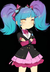 Size: 448x640 | Tagged: safe, editor:luckreza8, imported from derpibooru, pixel pizazz, human, equestria girls, ai content, ai generated, anime, black background, female, generator:pinegraph, simple background, solo