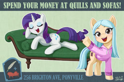 Size: 1360x905 | Tagged: safe, artist:uotapo, imported from derpibooru, rarity, earth pony, pony, unicorn, advertisement, andrea davenport, clothes, crossover, eyes closed, eyeshadow, freckles, hoodie, makeup, ponified, quills and sofas, reclining, the ghost and molly mcgee