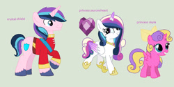 Size: 1024x516 | Tagged: safe, artist:vileotflash, imported from derpibooru, princess skyla, oc, oc:crystal shield, oc:princess aurora heart, alicorn, unicorn, 2015, alicorn oc, blank flank, bow, brother and sister, clothes, colored hooves, colored horn, colored wings, cutie mark, female, filly, foal, gradient wings, green background, hair bow, hoof shoes, horn, male, mare, offspring, parent:princess cadance, parent:shining armor, parents:shiningcadance, peytral, siblings, simple background, sisters, stallion, suit, trio, unicorn oc, unshorn fetlocks, wings
