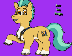 Size: 2385x1860 | Tagged: safe, artist:puffydearlysmith, imported from derpibooru, hitch trailblazer, earth pony, pony, blaze (coat marking), chest fluff, coat markings, facial markings, g5, looking at you, male, my little pony: a new generation, purple background, raised hoof, sash, sheriff's badge, simple background, smiling, stallion, unshorn fetlocks