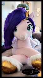 Size: 1280x2294 | Tagged: safe, artist:purplenebulastudios, imported from derpibooru, pipp petals, pegasus, pony, crossed legs, crown, female, g5, irl, jewelry, looking at you, lying down, mare, photo, plushie, prone, regalia, solo