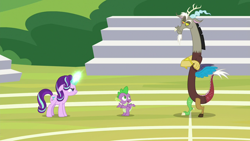 Size: 1280x720 | Tagged: safe, imported from derpibooru, screencap, discord, spike, starlight glimmer, draconequus, dragon, pony, unicorn, a matter of principals, season 8, spoiler:s08, angry, crossed arms, female, looking at each other, looking at someone, male, mare, this will end in fight, trio, unamused, winged spike, wings