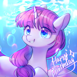 Size: 1750x1750 | Tagged: safe, artist:leafywind, imported from derpibooru, oc, oc only, pony, unicorn, birthday, blue eyes, bubble, bust, crepuscular rays, cute, digital art, eye clipping through hair, female, gift art, happy, high res, horn, mare, ocean, pink mane, portrait, smiling, solo, sunlight, swimming, teeth, underwater, water