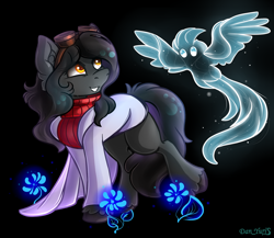 Size: 1680x1457 | Tagged: safe, artist:yuris, imported from derpibooru, oc, oc only, oc:silent echoes, earth pony, pony, bathrobe, black background, clothes, colored pupils, ears up, female, flower, goggles, robe, simple background, smiling, solo, spirit