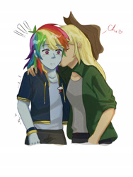 Size: 1536x2048 | Tagged: safe, artist:mintkw, imported from derpibooru, applejack, rainbow dash, human, equestria girls, appledash, applejack's hat, cheek kiss, cowboy hat, female, hat, humanized, kissing, lesbian, shipping, simple background, white background