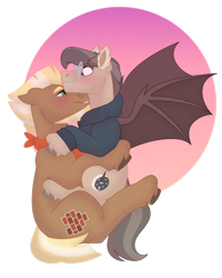 Size: 1280x1600 | Tagged: safe, artist:itstechtock, imported from derpibooru, oc, oc only, oc:stoutheart, oc:waxing lyrical, bat pony, earth pony, pony, gay, hug, male, simple background, stallion, transparent background