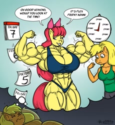 Size: 1397x1520 | Tagged: safe, artist:ritualist, imported from derpibooru, apple bloom, applejack, anthro, earth pony, abs, apple bloom's bow, apple brawn, apple sisters, armpits, art trade, biceps, bodybuilder, bow, breasts, buff breasts, busty apple bloom, busty applejack, clock, clothes, comparison, dialogue, duo, emanata, female, flexing, hair bow, mare, muscles, muscular female, nightmare, older, older apple bloom, pecs, siblings, sisters, skinny, speech bubble, swimsuit, thighs, thunder thighs, triceps