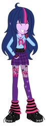 Size: 464x1280 | Tagged: safe, artist:selenaede, imported from derpibooru, twilight sparkle, human, equestria girls, ahoge, alternate clothes, alternate hairstyle, bangs, base used, boots, bow, buttons, clothes, eyes closed, female, fingerless gloves, g4, garter, garter belt, garter straps, garters, giggling, gloves, hand over mouth, highlights, laughing, leg warmers, long hair, long socks, plaid, plaid skirt, platform boots, platform shoes, shoes, simple background, skirt, skull, smiling, socks, solo, spikes, stars, striped gloves, stripes, teeth, tights, white background