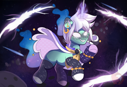 Size: 2220x1540 | Tagged: safe, artist:joaothejohn, imported from derpibooru, oc, oc only, oc:nova starway, pony, unicorn, asteroid, clothes, comet, commission, ear piercing, earring, flying, horn, jewelry, looking up, magic, piercing, rift, socks, space, unicorn oc
