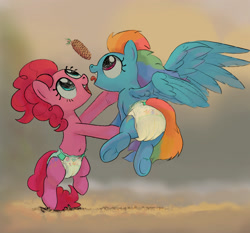 Size: 1911x1783 | Tagged: safe, artist:asdfasfasda, imported from derpibooru, pinkie pie, rainbow dash, earth pony, pegasus, pony, adult foal, belly, diaper, duo, jumping, laughing, non-baby in diaper, outdoors, pinecone, playing, rear view, rearing, smiling, tongue out