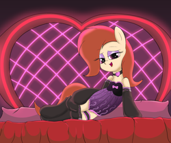 Size: 2400x2000 | Tagged: safe, artist:amateur-draw, imported from derpibooru, oc, oc only, oc:phosphor flame, earth pony, pony, bedroom, bedroom eyes, clothes, female, leotard, lingerie, makeup, mare, naughty, sexy, solo, stockings, sultry pose, thigh highs