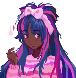 Size: 1276x1307 | Tagged: safe, artist:cookibites, imported from derpibooru, twilight sparkle, human, blackwashing, bow, bust, dark skin, eyebrows, eyebrows visible through hair, hair bow, humanized, raised hand, simple background, solo, white background