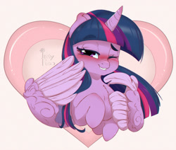 Size: 1000x848 | Tagged: safe, artist:inkypuso, imported from derpibooru, twilight sparkle, alicorn, pony, blushing, cute, female, grin, heart, lip bite, mare, one eye closed, smiling, solo, twiabetes, twilight sparkle (alicorn), wing hands, wings, wink