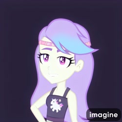 Size: 2048x2048 | Tagged: safe, artist:rainbowstarcolour262, imported from derpibooru, snow flower, human, equestria girls, ai assisted, ai content, bare shoulders, black background, clothes, female, hand on hip, headband, midriff, simple background, sleeveless, solo, tanktop, watermark