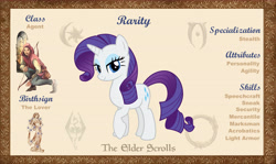 Size: 10100x6000 | Tagged: safe, artist:andoanimalia, artist:ponygamer2020, imported from derpibooru, rarity, pony, unicorn, absurd resolution, bio, eyeshadow, female, looking at you, makeup, mare, morrowind, oblivion, raised hoof, reference sheet, skyrim, smiling, smiling at you, solo, the elder scrolls, the elder scrolls: equestria, vector