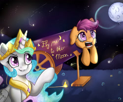 Size: 3000x2500 | Tagged: safe, artist:appleneedle, imported from derpibooru, princess celestia, scootaloo, alicorn, firefly (insect), insect, pegasus, pony, cannon, crown, duo, duo female, female, fire, fuse, grass, high res, jewelry, moon, night, pony cannonball, regalia, slapstick, stars, sweat, sweatdrop, this will end in tears and/or a journey to the moon, to the moon