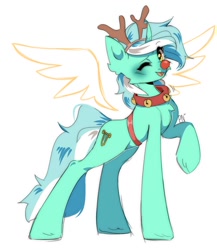 Size: 1148x1320 | Tagged: safe, artist:pledus, imported from derpibooru, lyra heartstrings, deer, pony, reindeer, unicorn, collar, horns, simple background, solo, standing, white background, wings