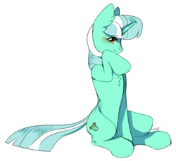 Size: 1101x1013 | Tagged: safe, artist:pledus, imported from derpibooru, lyra heartstrings, pony, unicorn, alternate hairstyle, simple background, sitting, smiling, smirk, solo, white background