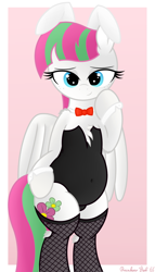 Size: 2309x4032 | Tagged: safe, artist:rainbowšpekgs, imported from derpibooru, blossomforth, pegasus, pony, adorasexy, bedroom eyes, belly, belly button, bipedal, bowtie, bunny ears, bunny suit, chest fluff, chubby, clothes, cute, female, fishnets, freckles, looking at you, mare, sexy, simple background, solo