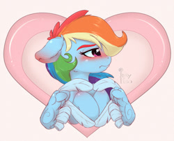 Size: 1000x809 | Tagged: safe, artist:inkypuso, imported from derpibooru, rainbow dash, pegasus, pony, blushing, bust, colored eyebrows, feather fingers, female, floppy ears, heart, heart hands, holiday, looking away, mare, misleading thumbnail, solo, tsunderainbow, tsundere, valentine's day, wing hands, wings