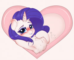 Size: 1000x807 | Tagged: safe, artist:inkypuso, imported from derpibooru, rarity, pony, unicorn, armpits, blushing, chest fluff, heart, holiday, looking at you, makeup, solo, valentine's day