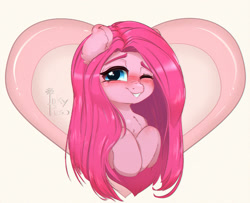 Size: 1000x812 | Tagged: safe, artist:inkypuso, imported from derpibooru, pinkie pie, earth pony, pony, blushing, chest fluff, cute, cuteamena, heart, holiday, long mane, one eye closed, pinkamena diane pie, smiling, solo, straight hair, valentine's day, wink