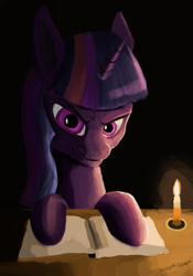 Size: 1353x1936 | Tagged: safe, artist:tazool, imported from derpibooru, twilight sparkle, pony, unicorn, angry, book, candle, dark background, desk, female, glare, looking at you, solo, unamused, unhappy