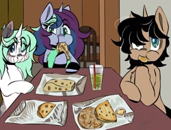 Size: 1916x1456 | Tagged: safe, artist:cozziegalazy, imported from derpibooru, oc, oc only, oc:arty, oc:cookie, oc:sal, burrito, eating, food, glass, restaurant, soda, table, taco, trio