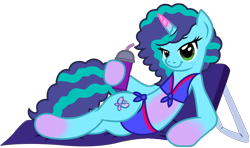 Size: 6302x3723 | Tagged: safe, artist:ejlightning007arts, imported from derpibooru, pony, unicorn, spoiler:g5, bench, bikini, clothes, draw me like one of your french girls, g4, g5, g5 to g4, generation leap, misty brightdawn, my little pony: make your mark, out of character, pose, sexy, simple background, smoothie, solo, stupid sexy misty, swimsuit, transparent background, two-piece swimsuit, vector