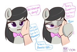 Size: 1992x1356 | Tagged: safe, artist:aceslingerexo, imported from derpibooru, octavia melody, earth pony, human, pony, blushing, bronybait, bust, cute, dialogue, grammar error, human on pony petting, misspelling of your, petting, simple background, smiling, tavibetes, text, white background