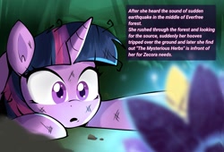 Size: 1992x1356 | Tagged: safe, artist:aceslingerexo, imported from derpibooru, twilight sparkle, pony, unicorn, everfree forest, lying down, solo, text, unicorn twilight