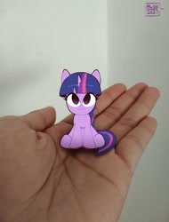 Size: 1560x2048 | Tagged: safe, artist:aceslingerexo, imported from derpibooru, twilight sparkle, human, pony, unicorn, chibi, cute, in goliath's palm, looking at you, photo, sitting, size difference, smiling, solo, tiny, tiny ponies, twiabetes, unicorn twilight