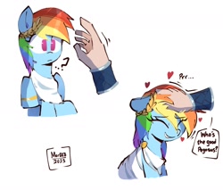 Size: 1442x1231 | Tagged: safe, artist:aceslingerexo, imported from derpibooru, rainbow dash, human, pegasus, pony, behaving like a cat, clothes, cute, dashabetes, dialogue, eyes closed, female, floating heart, good girl, heart, human on pony petting, laurel wreath, petting, purring, question mark, simple background, smiling, speech bubble, text, toga, white background