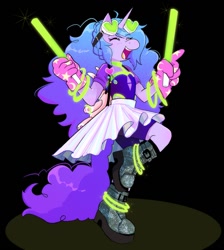 Size: 1343x1500 | Tagged: safe, artist:stevetwisp, imported from derpibooru, izzy moonbow, anthro, unicorn, black background, boots, clothes, eyes closed, g5, glowstick, goggles, rave, shoes, simple background, skirt, solo, standing, standing on one leg