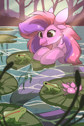 Size: 2030x3040 | Tagged: safe, artist:beardie, imported from derpibooru, oc, oc only, frog, commission, lilypad, pond, scenery, smiling, solo, swimming, water