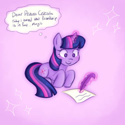 Size: 1000x1000 | Tagged: safe, artist:memethyst-art, imported from derpibooru, twilight sparkle, pony, unicorn, februpony, female, glowing, glowing horn, horn, magic, magic aura, mare, quill, solo, telekinesis, text, thought bubble