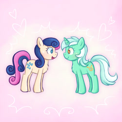 Size: 974x974 | Tagged: safe, artist:memethyst-art, imported from derpibooru, bon bon, lyra heartstrings, sweetie drops, earth pony, pony, unicorn, februpony, female, lesbian, looking at each other, looking at someone, lyrabon, mare, shipping, shipping fuel, simple background