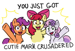 Size: 1000x680 | Tagged: safe, artist:memethyst-art, imported from derpibooru, apple bloom, scootaloo, sweetie belle, earth pony, pegasus, pony, unicorn, apple bloom's bow, bow, cutie mark crusaders, female, filly, foal, hair bow, looking at you, simple background, text, white background