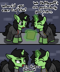 Size: 803x959 | Tagged: safe, artist:neuro, imported from twibooru, oc, oc only, oc:filly anon, pony, unicorn, 2 panel comic, clothes, comic, dialogue, duo, eyes closed, female, filly, hufflepuff, image, levitation, magic, multeity, open mouth, open smile, png, robes, smiling, speech bubble, telekinesis