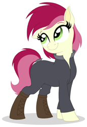 Size: 1100x1600 | Tagged: safe, artist:roseluck, derpibooru exclusive, imported from derpibooru, roseluck, earth pony, pony, fallout equestria, alternate hairstyle, boots, clothes, female, full body, jumpsuit, looking up, mare, shoes, short hair, simple background, smiling, solo, standing, tail, three quarter view, white background
