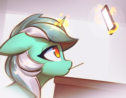 Size: 1410x1096 | Tagged: safe, artist:mirroredsea, edit, imported from twibooru, lyra heartstrings, pony, unicorn, bored, cellphone, chromatic aberration removal, female, floppy ears, glowing horn, horn, image, levitation, lidded eyes, magic, magic aura, mouth hold, phone, png, smartphone, solo, stylus, telekinesis