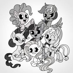 Size: 1280x1280 | Tagged: safe, artist:inkies299, imported from derpibooru, applejack, fluttershy, pinkie pie, rainbow dash, rarity, twilight sparkle, earth pony, pegasus, pony, unicorn, black and white, female, grayscale, lidded eyes, lying down, mane six, mane six opening poses, mare, monochrome, old timey, open mouth, open smile, pac-man eyes, prone, smiling, style emulation, unicorn twilight